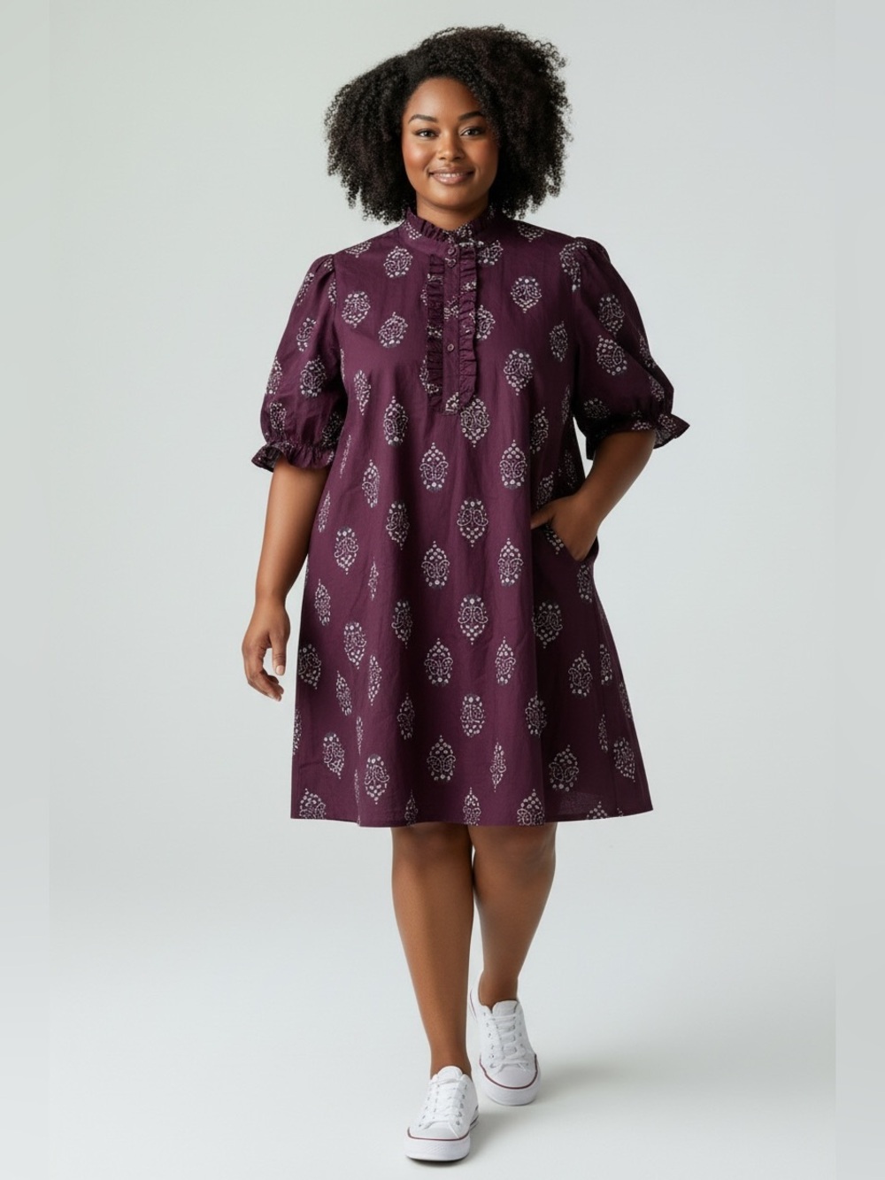 Torrid "Belle Isle" $90 Ruffle Neck Mini Dress in Priya Flowers Purple - Size 2X